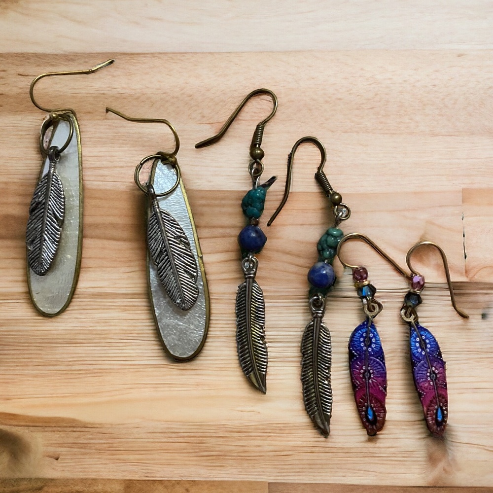 artisan handmade feather style earrings 3 pairs